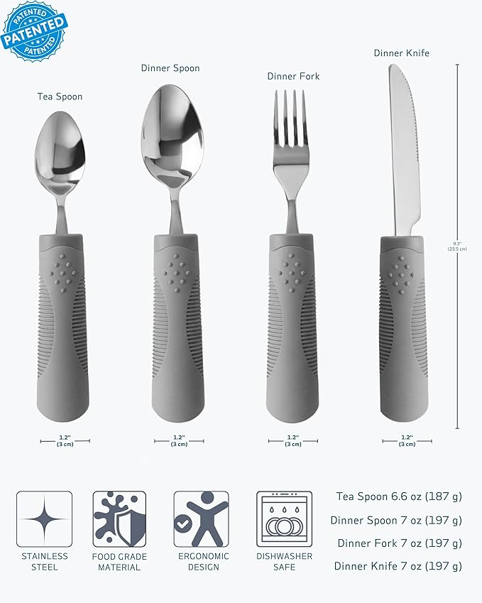 Adaptive Utensils (4-Piece Set) Weighted 7 Oz Each- Weighted Utensils for Hand Tremors and Parkinson's Patients - Weighted Silverware for Hand Tremors, Weighted Spoons