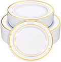 Zcaukya 100PCS Gold Plastic Plates, Disposable Plastic Dishes with Gold Rim in Bulk, 50 Pcs Each 10.25 Inch and 7.5 Inch for Dinner, Birthday and Wedding