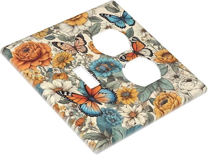 Light Switch Cover Plate Vintage Colorful Floral Butterfly Flowers 2 Gang Decorative Switch Plates 1 Toggle Duplex Combo Outlet Covers GFCI Wall Plates for Bathroom Bedroom Decor