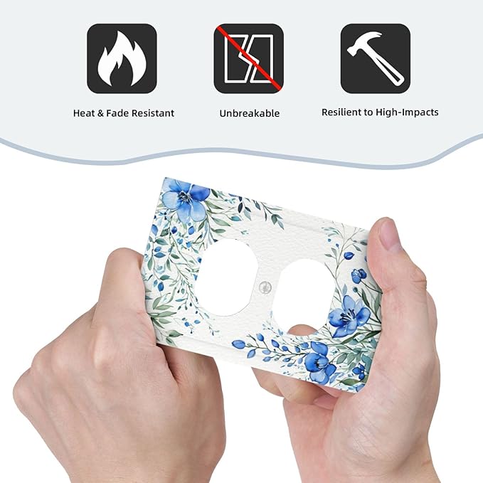 Outlet Covers Blue Watercolor Flowers Retro Floral Leaves 1 Gang Duplex Light Switch Cover Plate Decorative Wall Plates Electrical Switchplate Receptacle for Bathroom Bedroom Decor（2 Pack）