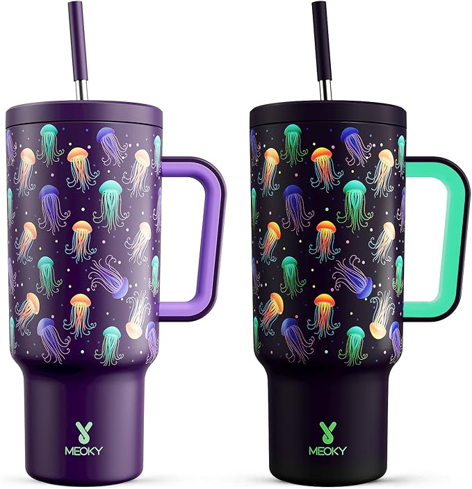 Meoky 40 oz Tumbler with Handle and Straw: Glow in the Dark Tumbler with Lid by MEOKY