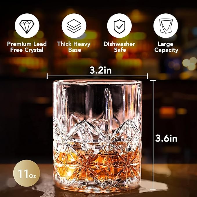 Crystal Whiskey Glass Set of 3 - Old Fashioned Bourbon Glasses, Perfect for Scotch and Cocktails (Style 1,3pcs)