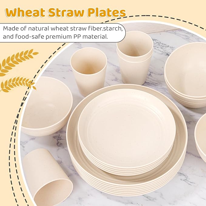 LIYH 24 Pcs Beige Plastic Wheat Straw Dinnerware Sets - Reusable Unbreakable Wheat Straw Bowls & Plates Dinner Set, Dishwasher Safe Plates Bowls Cups for Party Dish Set for 6 Kitchen & Camping