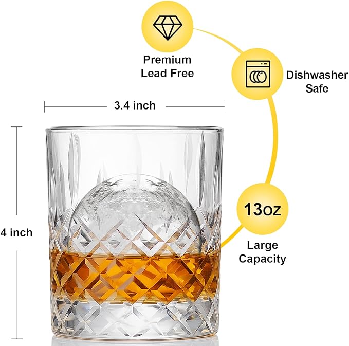 SHOSHIN Premium Hand Cut Whiskey Glasses (13 OZ, Set of 4) - Handmade Double Old Fashioned Scotch Glasses - Gift for Bourbon Lovers - Style Glassware for Rum - 4 Rocks glasses in Gift Box