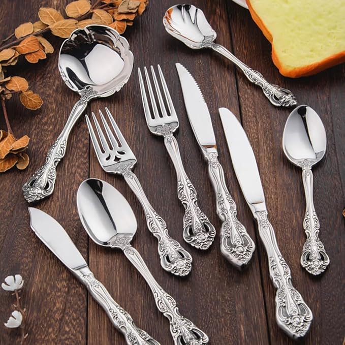 TWEE Luxury Fine Silverware Set for 8 Flatware Set 40 Pieces Relief Sculpture Openwork Design Elegant Tableware Set 18/10 Stainless Steel Cutlery Set Utensil Sets for Home Restaurant Dishwasher Safe