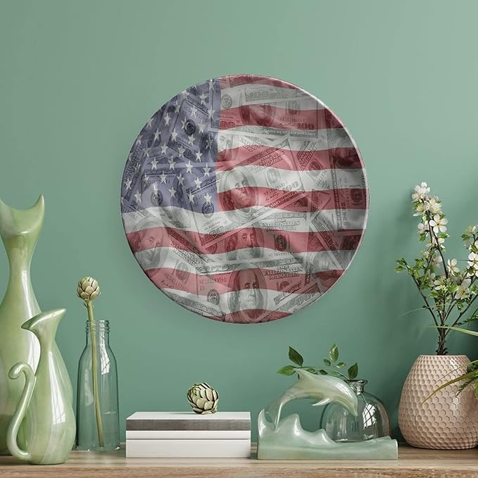 Ceramic Plates, American Flag Decorative Ceramic Plates, Dolar Exchange, 10 Inch, Household Plates Decorative, Multicolor