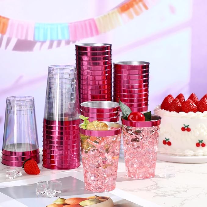 Patelai 100 Pcs Hot Pink Plastic Cups 12 oz Hot Pink Rimmed Plastic Cups Heavy Duty Wine Glasses Clear Cocktail Glasses Valentine's Day Drinking Tumblers for Party Wedding Birthday