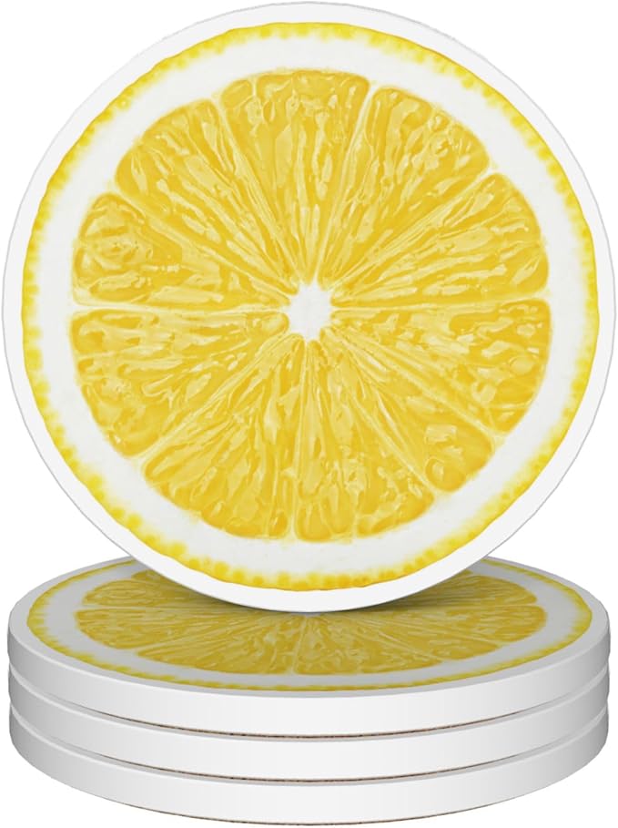 Drinks Coasters Set of 4, Lemonade Round 4" Cup Coasters, Absorbent Ceramic Stone Coasters with Cork Base, Cute Coasters for Table Home Décor, Ideal Gifts for Women Men