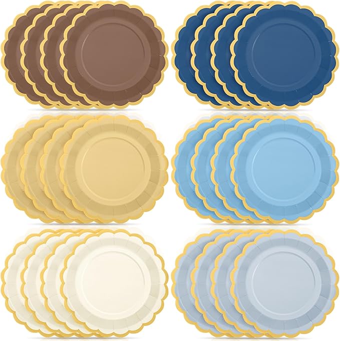 48 Pcs Blue Brown Paper Plates 9 Inch Gradient Scalloped Paper Plates Disposable Dinner Dessert for Birthday Wedding Bridal Party Supplies, 6 Colors