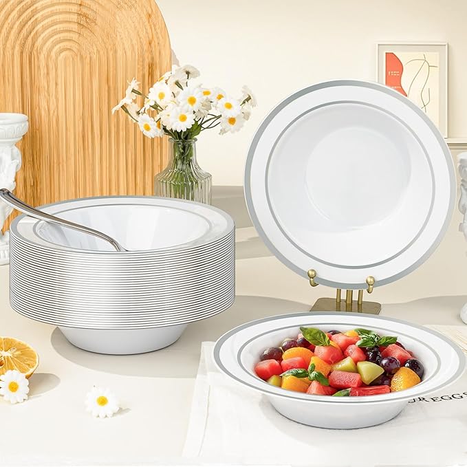 BESTVIP 50 Pack Plastic Bowls with Silver Rim, 12 oz Disposable Soup Bowls, Heavy-duty Dessert Salad Bowl for Party, Wedding, Christmas, Catering and Dinner