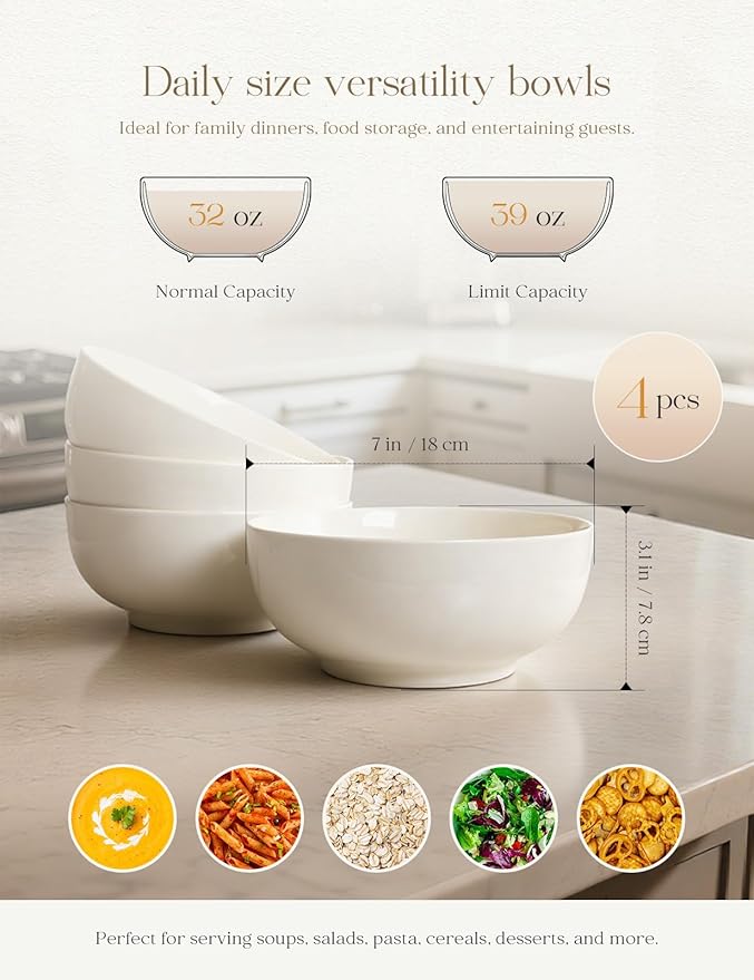 AISBUGUR 39 OZ Large Soup Bowls,Porcelain Salad Bowls Set of 4,Pho Bowls for Soup,Salad,Cereal,Pasta,Fruit,White Bowls Set for Dishwasher & Microwave Safe
