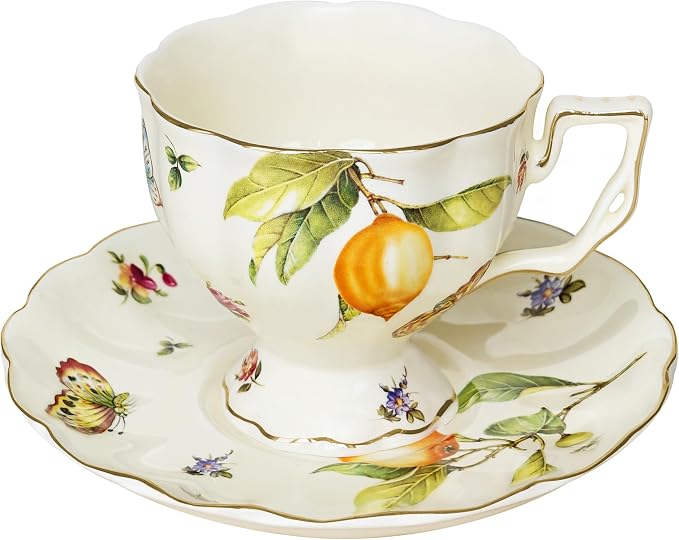 Tea Cups and Saucers Set, Porcelain Coffee Mugs, 8.4 OZ Vintage Coffee Cups by JUSONEY