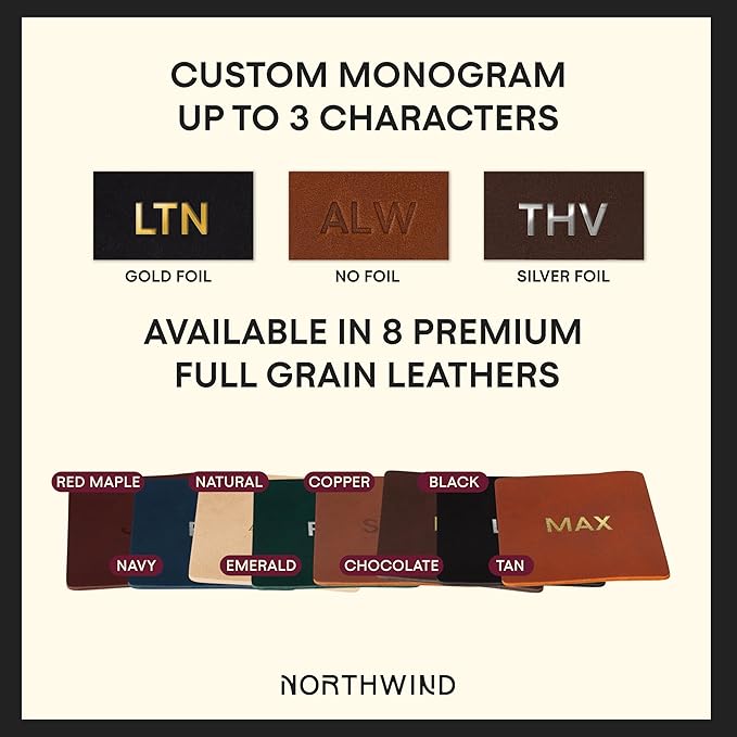 Northwind Personalized Leather Coasters – Set of 4 Full-Grain Leather 4” Square Drink Coasters with Custom Engraved Monogram Initials – Stylish Home Décor for Weddings and Holidays