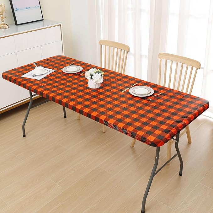 Smiry Rectangle Picnic Table Cloth, Elastic Waterproof Fitted Vinyl Tablecloths, Flannel Backed Buffalo Plaid Table Covers for Dining, Camping, Outdoor (Black and Orange, 30" x 72")