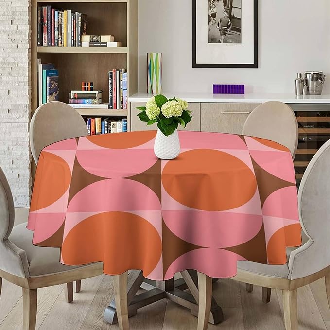 Mid Century Round Tablecloth, Abstract Retro 50s 60s Style Geometric Print Tablecloth for Home Party Dining Room Kitchen Decorm 50Inch(127cm)