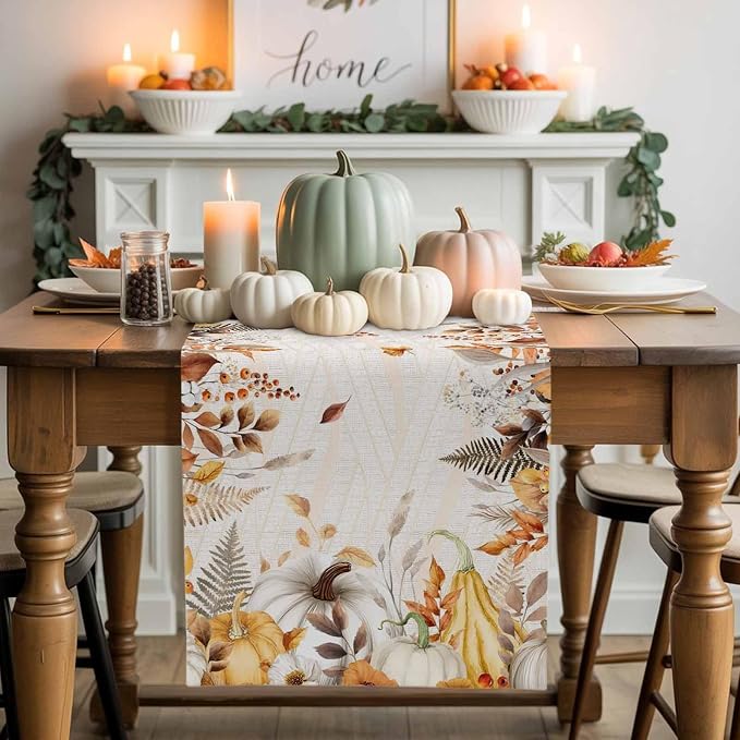 White Golden-Yellow Pumpkin Fall Table Runner 60 Inches Long, Thanksgiving - Image 2