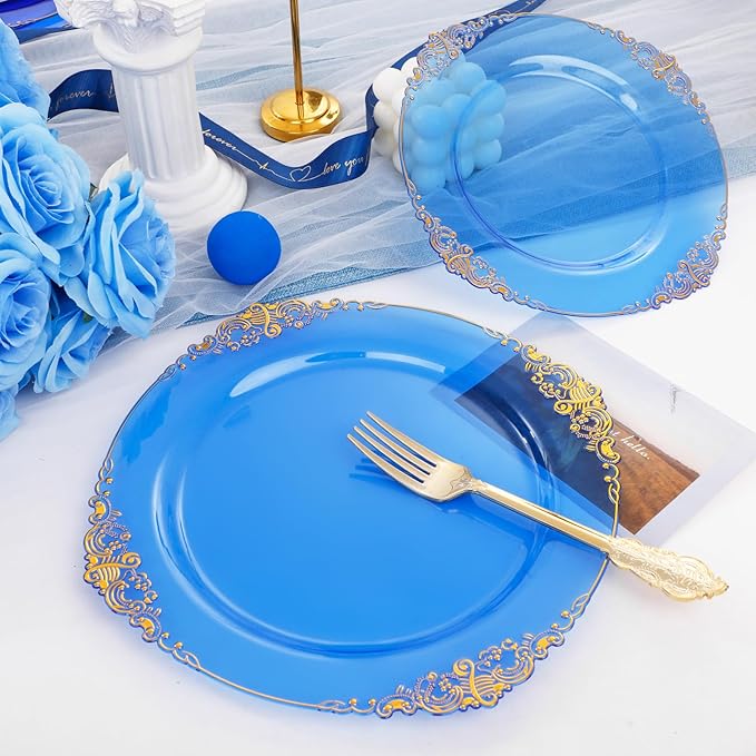 102PCS Blue Plastic Plates - Royal Gold Disposable Plates - Clear Blue Party Plate - Heavyweight Disposable Plate with Gold Rim - Fancy Dinner & Dessert Plates for 51 Guests Party Wedding