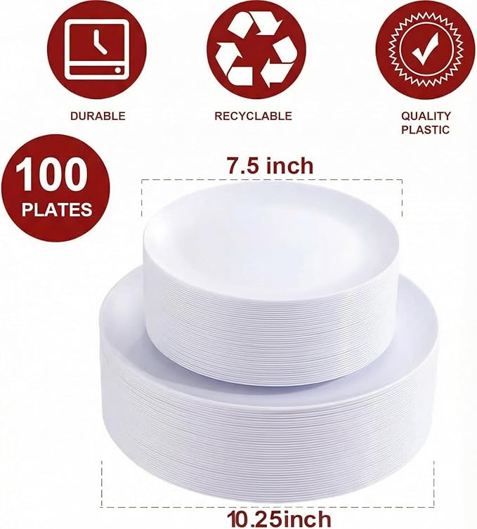 PULOTE 100PCS White Plastic Plates Disposable - Heavyweight 50 White Dinner & 50 Dessert/Salad Plates for Wedding, Party