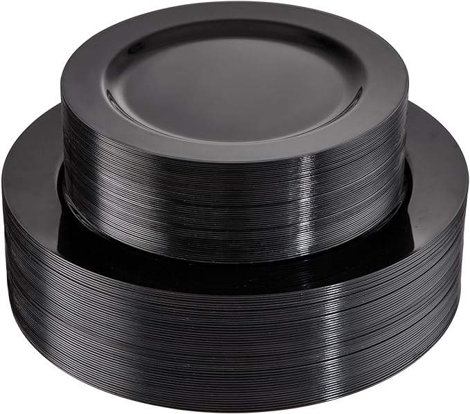FLOWERCAT 100PCS Black Plastic Plates - Heavy Duty Black Disposable Plates for Birthday Party/Wedding/Father's Day- serve 50guests 10 inch and 7 inch Set