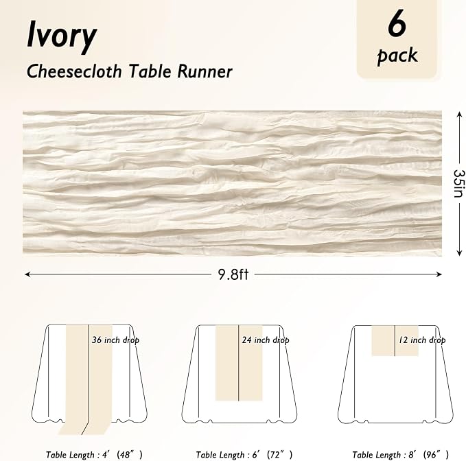 1 Pack Ivory White Cheesecloth Table Runner 120 Inch Boho Wedding Decor | - Image 2