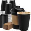 100 Pack 12 oz Disposable Coffee Cups with Lids and Sleeves, Sturdy Paper Cups for Hot/Cold Drinks, Leak-Proof To Go Coffee Cups with Lids for Home, Café, Events, Office, Black
