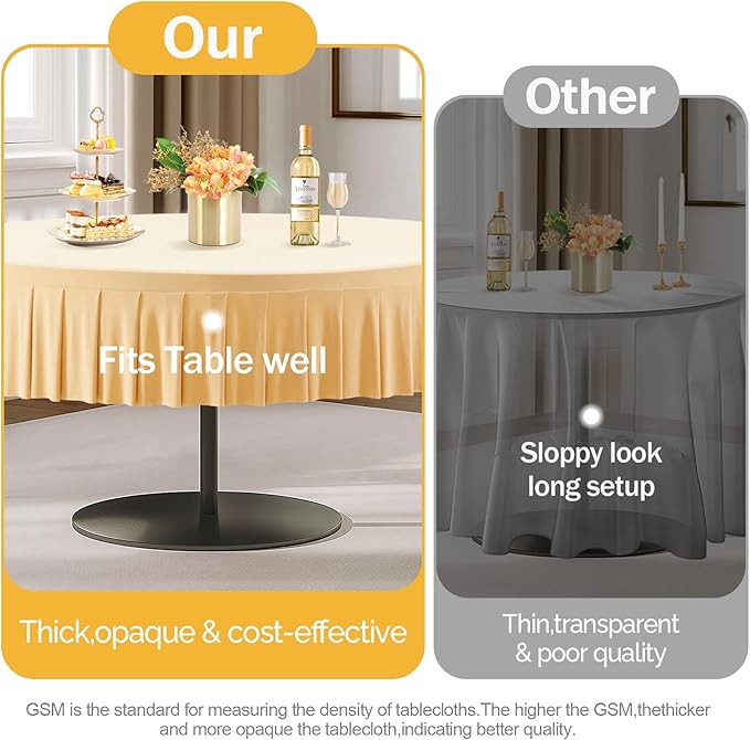 1 Pack Champagne Spandex Round Tablecloths for 72in Table, Stretchy Fitted 6FT Round Table Cloths, Wrinkle Free Table Cover with Skirt for Wedding Birthday Party Bridal Shower Banquet