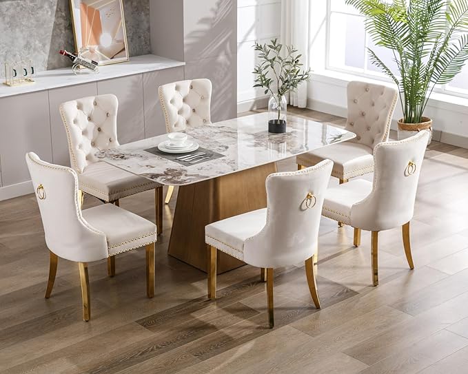 KCC Velvet Dining Chairs Set of 2, Upholstered High-end Tufted Dining Chair with Nailhead Back Ring Pull Trim Stainless Steel Legs, Contemporary Nikki Collection Modern Style for Kitchen, Beige
