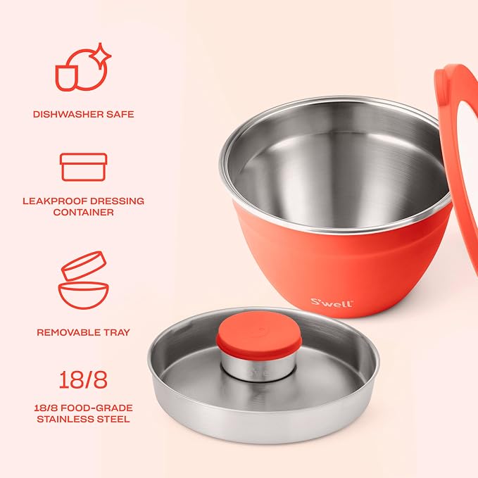 S'well Stainless Steel Salad Bowl Kit 64oz, Radiant Coral, Comes - Image 2