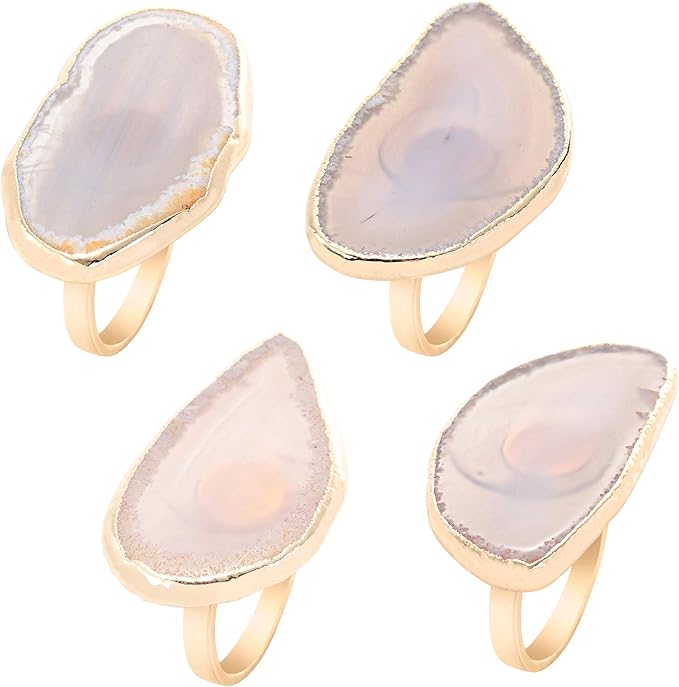 Gold Napkin Rings Set of 4, Natural Agate Slice | Dinner Table Decor by Kindoodos