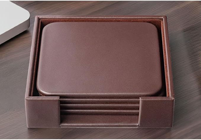 Chocolate Brown Genuine Leather 4" Round Coaster Set - Image 3