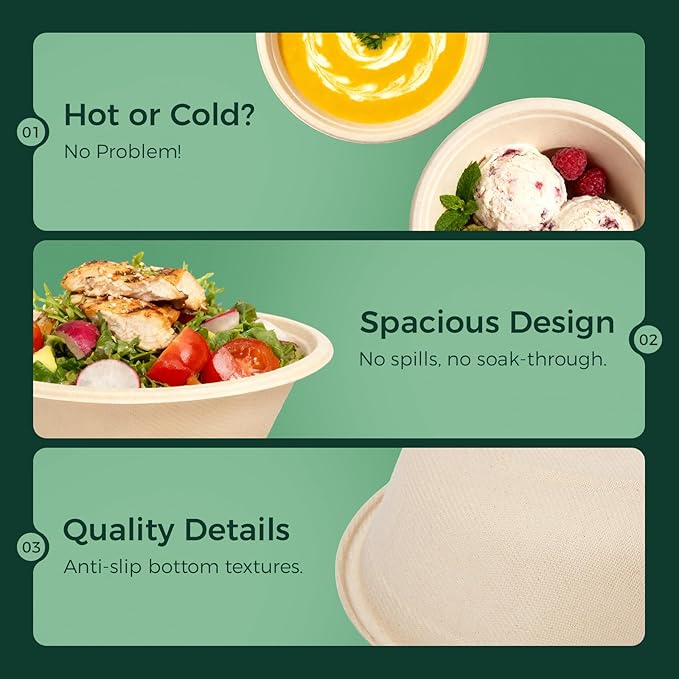 32 OZ Large Disposable Paper Bowls - Heavy Duty and Compostable - Made from Eco-friendly Sugarcane Bagasse - Biodegradable Bowls for Soup, Salad, Dessert, Ice Cream [100 Pack]