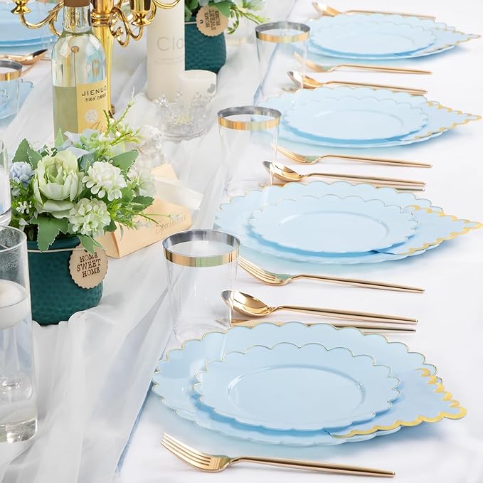 LIYH 210 Pcs Light Blue Plastic Dinnerware Set - Baby Blue Plastic Plates Napkins with Gold Foil Include Bridal Shower Plates Disposable Gold Silverware Napkins Cups for Birthday 30 Guests
