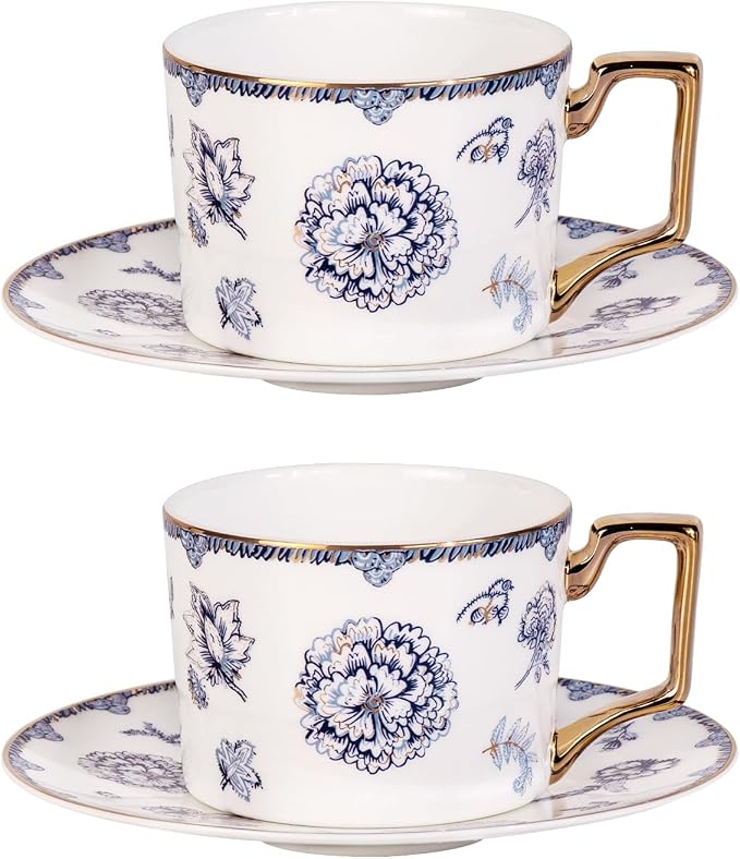KAMMAK Tea Cups and Saucers Set of 2, Fine Bone China Coffee Cups, 571N | by KAMMAK