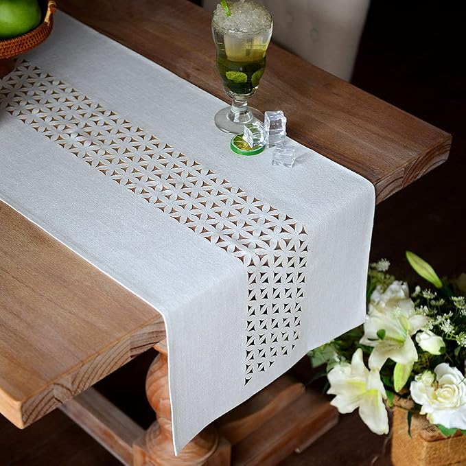 ARTABLE Off White Farmhouse Fabric Table Runner Finished Edge 16 x 120 Inch | - Image 2