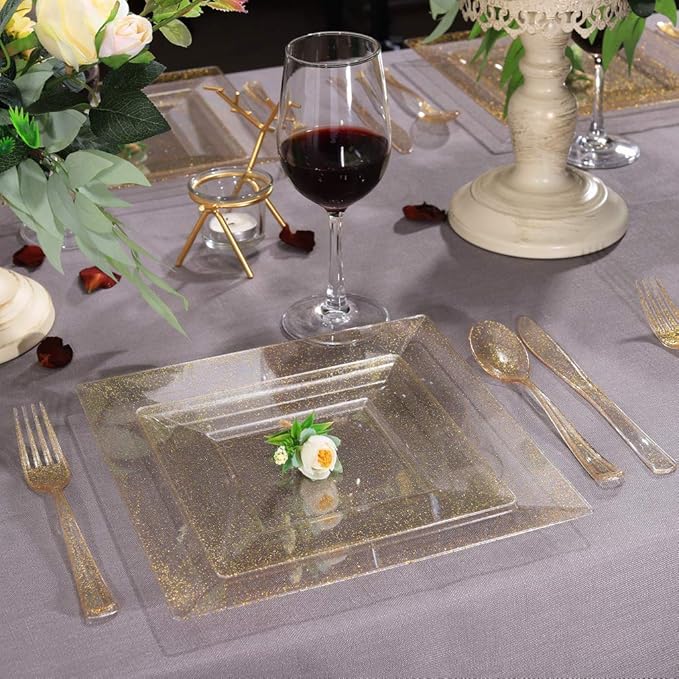Liacere 60Pieces Gold Glitter Plastic Plates - Premium Square Disposable - Include 30PCS 9.5inch Gold Dinner - 30PCS 7inch Gold Dessert/Salad Plates for Party&Wedding&Christmas