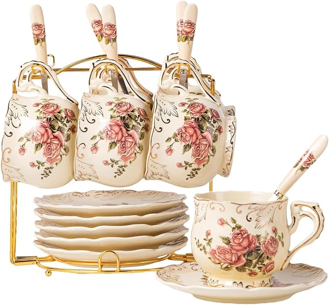 YOLIFE Tea Cups and Saucers Set of 6, 8 OZ Pink Rose Coffee Cups | Ivory by YOLIFE