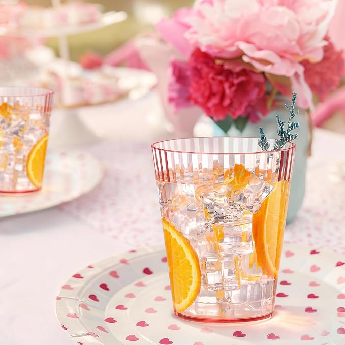 24 PCS Plastic Ribbed Drinking Glasses Pink 10oz Vintage Ripple Stemless Wine - Image 8