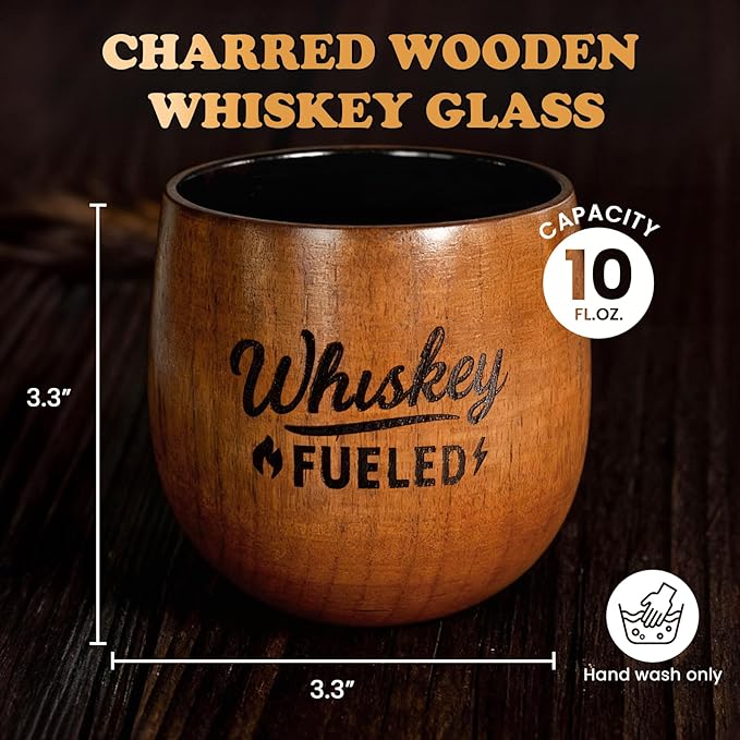 Charred Wooden Whiskey Glasses, Bourbon Drinking Glass, Whiskey Gifts for Men, Old Fashioned Whiskey Tumbler, Great Bourbon Gifts for Men, Dad, Husband, Brother, Whiskey Lovers, Wood Whiskey Cup