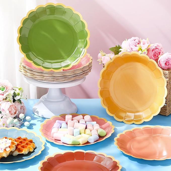 48 Pcs Fall Wildflower Color Paper Plates 9 Inch Colorful Boho Scalloped Paper Disposable Dinner Dessert Plates for Autumn Thanksgiving Birthday Wedding Bridal Party Supplies, 6 Colors