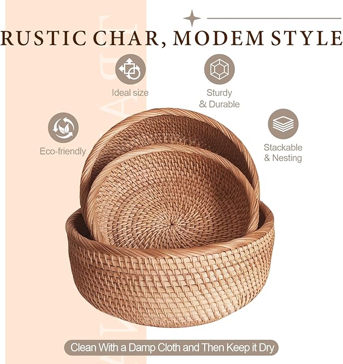 Rattan Bread Baskets for Serving, Hand Woven Food Baskets, Natural Wicker Fruit Basket for Kitchen Counter, Decorative Bread Basket for Serving, Fruits, Snacks, Candies, Nuts, Keys, Etc.(Round-Combo)