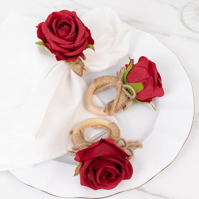 Efavormart 4 Pack Red Silk Rose Flower Wooden Napkin Rings, Rustic Boho Chic by efavormart