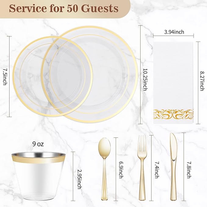 BESTVIP 350PCS Clear Gold Disposable Dinnerware Set for 50 Guests, Plastic Plates for Party, Wedding, Christmas, Include: 100 Plastic Plates, 50 Gold Silverware, 50 Cups, 50 Napkins