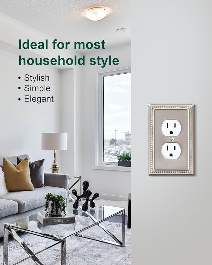 4-Pack Duplex Outlet Cover Plate, Metal Wall Plates for Electrical Outlets, Brushed Nickel 1 Gang Receptacle Cover, Pearls Decorative Switch Plates and Outlet Covers