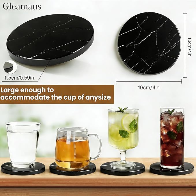 Natural Marble Coasters, Round Costers, Luxury Aesthetic Modern Decor for Coffee Table Bar Kitchen Home, Black Marble, Real Natural Semi Absorbent Stone Coasters