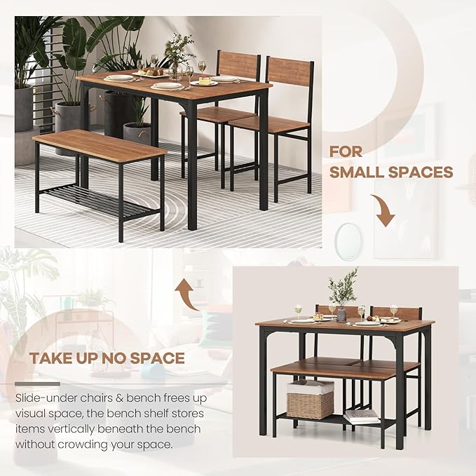 NAFORT Dining Table Set for 4 with Bench, Industrial Kitchen Table and Chairs, Rustic Brown Wood & Black Metal 4-Piece Dining Room Set for Apartment, Small Space, Kitchen, Restaurant