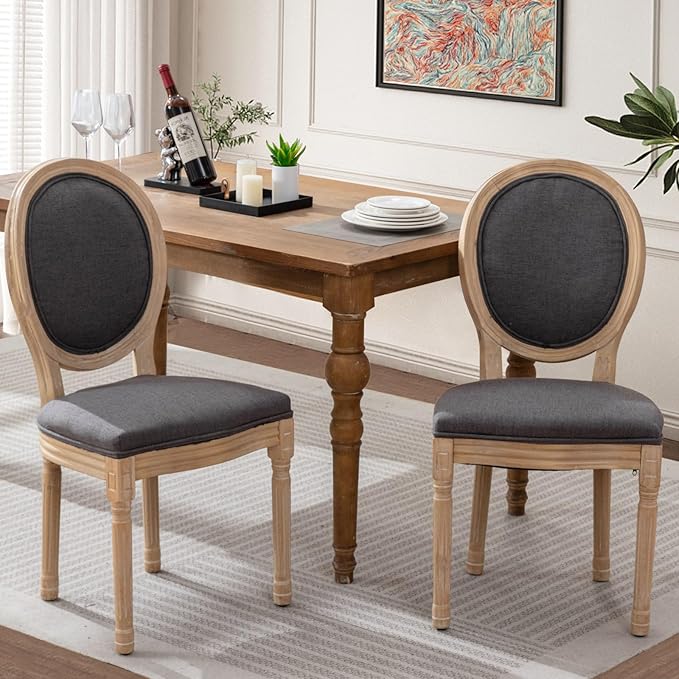 SoarFlash French Dining Chairs Set of 2, Vantage Dining Chair with Round Back, Wood Leg Farmhouse Country Dining Chair for Kitchen,Bedroom,Deep Grey