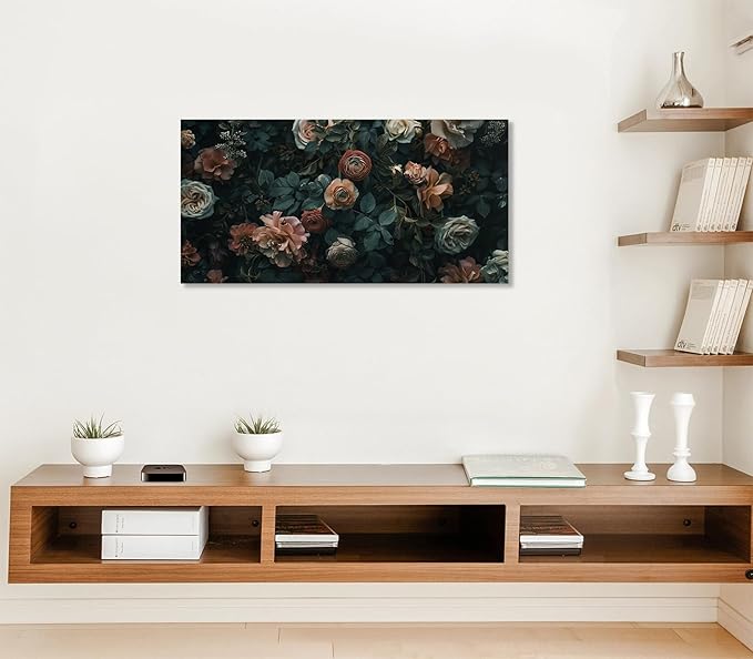 ADJUVANT Wall Art Floral 60"L x 30"W, Dark Hued Vintage Flowers With Lush Foliage Canvas Painting Elegant Blooms Artwork Retro Garden Prints Floral Wall Decor for Living Room Bedroom Study Home Office
