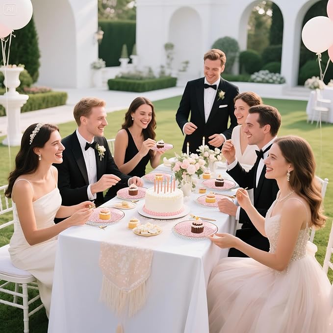 DaYammi 240Pcs Pink Plastic Plates Including 120Pcs Pink Dessert Plates and 120Pcs Gold Plastic Forks,Hammered Party Plate,pink and Gold Appetizer plates Heavy duty Disposable Cake Plate for Party