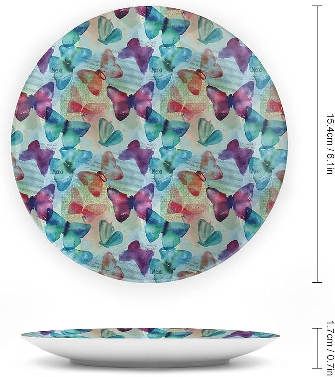 Ceramic Plates, Abstract Decorative Ceramic Plates, Watercolor Rainbow Colored Butterflies and Letterings Music, 10 Inch, Household Plates Decorative, Multicolor
