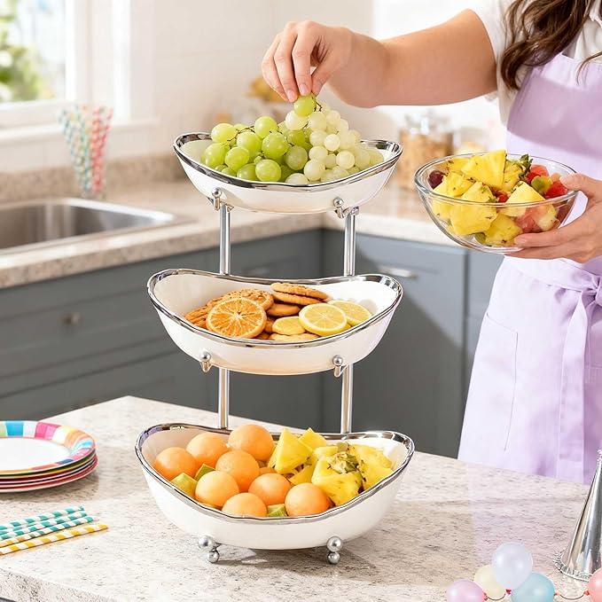 jessie 3 Tier Fruit Bowls for Kitchen Counter,Ceramic Large Fruit Basket Stand,Metal Fruit Serving Tray Snacks Nuts Cake Storage Holder (Silver 1)